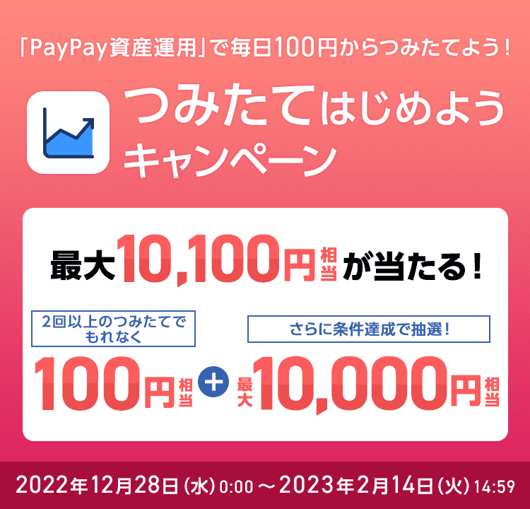 「PayPay資産運用」で毎日100円からつみたてよう！ つみたてはじめようキャンペーン 最大10,100円相当が当たる！ 2回以上のつみたてでもれなく100円相当＋さらに条件達成で抽選！最大10,000円相当 2022年12月28日（水）0:00～2023年2月14日（火）14:59