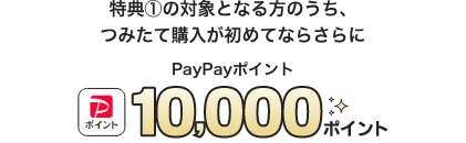 特典①の対象となる方のうち、つみたて購入が初めてならさらにPayPayポイント10,000ポイント