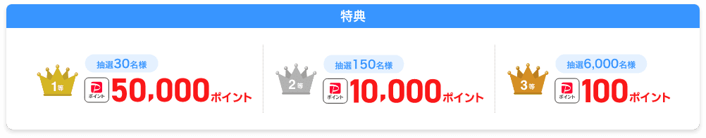 1等：抽選で30名様にPayPayポイント50,000ポイント 2等：抽選で150名様にPayPayポイント10,000ポイント 3等：抽選で6,000名様にPayPayポイント100ポイント