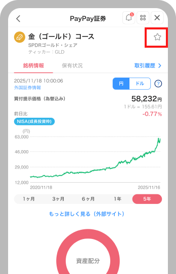 気になる銘柄を見つけたら星マークをタップしてお気に入り登録する