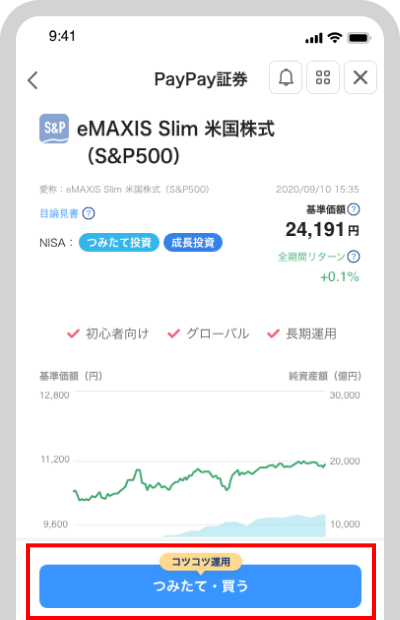 銘柄を選んだら「つみたて・買う」をタップ