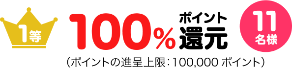 1等100%ポイント還元11名様(ポイントの進呈上限:100,000ポイント)