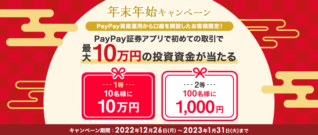 年末年始キャンペーン PayPay資産運用から口座を開設したお客様限定！ PayPay証券アプリで初めての取引で 最大10万円の投資資金が当たる 1等10名様に10万円、2等100名様に1,000円 キャンペーン期間：2022年12月26日（月）～2023年1月31日（火）まで
