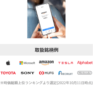 取扱銘柄例：Apple Microsoft amazon TESLA Alphabet TOYOTA SONY MUFG RECRUIT Nintendo※時価総額上位ランキングより選定（2022年10月11日時点）