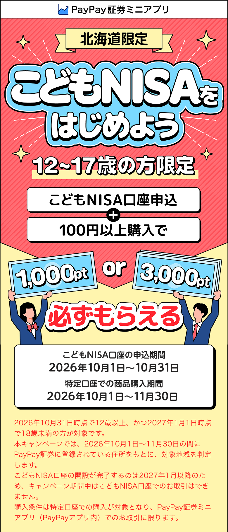 PayPay証券ミニアプリ 北海道限定 こどもNISAをはじめよう 12〜17歳の方限定 こどもNISA口座申込＋100円以上購入で1,000pt or 3,000pt必ずもらえる こどもNISA口座の申込期間：2026年10月1日～10月31日 特定口座での商品購入期間：2026年10月1日～11月30日 2026年10月31日時点で12歳以上、かつ2027年1月1日時点で18歳未満の方が対象です。本キャンペーンでは、2026年10月1日～11月30日の間にPayPay証券に登録されている住所をもとに、対象地域を判定します。こどもNISA口座の開設が完了するのは2027年1月以降のため、キャンペーン期間中はこどもNISA口座でのお取引はできません。購入条件は特定口座での購入が対象となり、PayPay証券ミニアプリ（PayPayアプリ内）でのお取引に限ります。