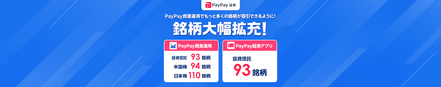 PayPay証券 PayPay資産運用でもっと多くの銘柄が取引できるように！ 銘柄大幅拡充！ PayPay資産運用は投資信託93銘柄、米国株94銘柄、日本株110銘柄 PayPay証券アプリは投資信託93銘柄