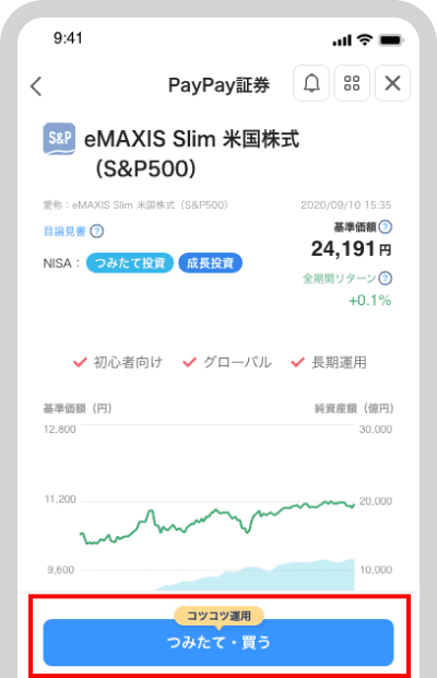 つみたて可能なコース/銘柄は「つみたて」ボタンが表示されているので、「つみたて」をタップ