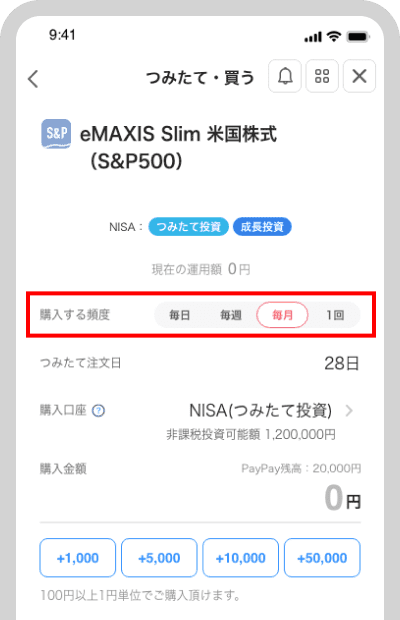 購入する頻度で「毎月」を選択。なおクレジットつみたては毎月28日になります