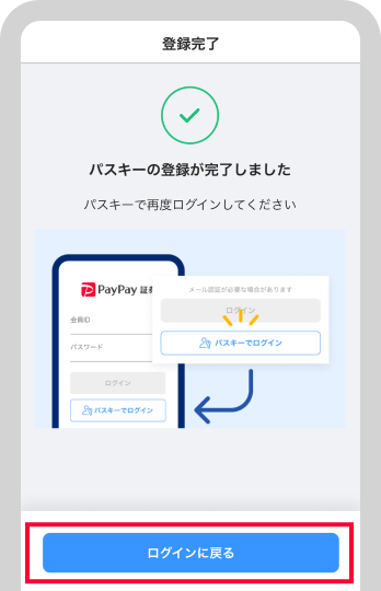 パスキーの登録は完了です。「ログインに戻る」をタップして、再度パスキーでログインしてください。