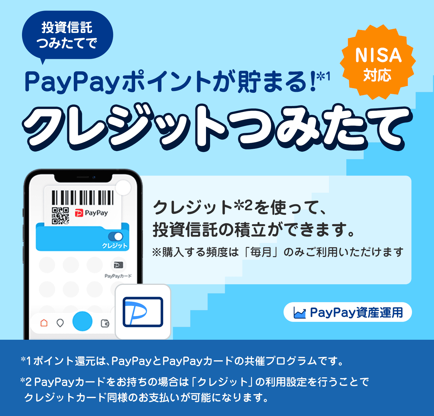 PayPay資産運用 投資信託つみたてでPayPayポイントが貯まる！＊1 クレジットつみたて NISA対応 クレジット＊2を使って、投資信託の積立ができます。 ※購入する頻度は「毎月」のみご利用いただけます ＊1ポイント還元は、PayPayとPayPayカードの共催プログラムです。＊2PayPayカードをお持ちの場合は「クレジット」の利用設定を行うことでクレジットカード同様のお支払いが可能になります。