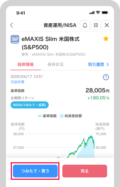 ご希望の投資信託の詳細画面を開き、「つみたて・買う」ボタンをタップ