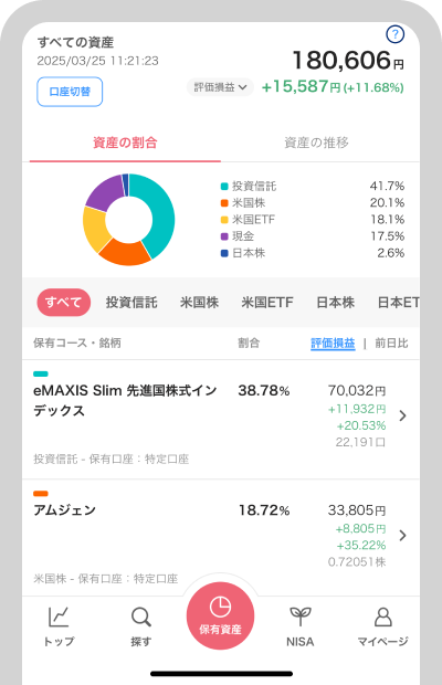「資産の割合」では保有銘柄の割合が円グラフで確認できます 銘柄をタップするとその銘柄の詳細が確認できます